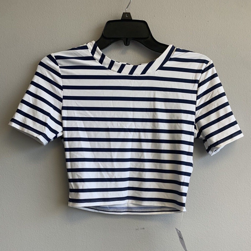 Gap Cropped Rash Guard Navy/White Stripe~ Crew Neck Soft Stretch Knit